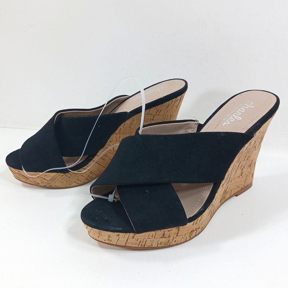 Charles by Charles David Black Faux Suede Cork Wedge Sandals Womens 6M Platform